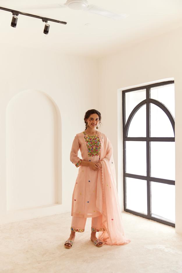 Powder Pink Organza Kurta Set With Dupatta