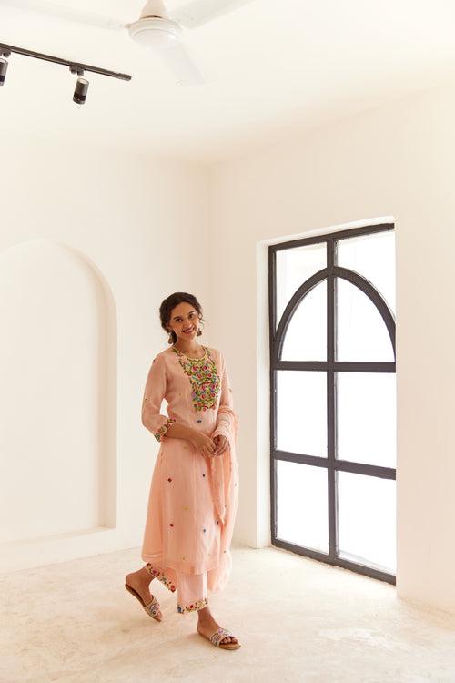 Powder Pink Organza Kurta Set With Dupatta