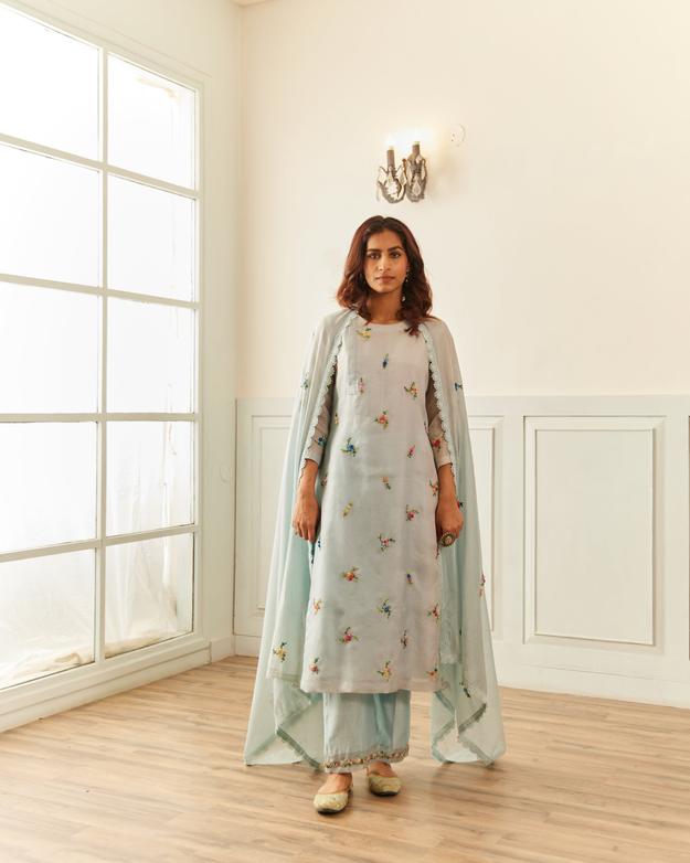 Powder Blue Organza Kurta Set With Dupatta