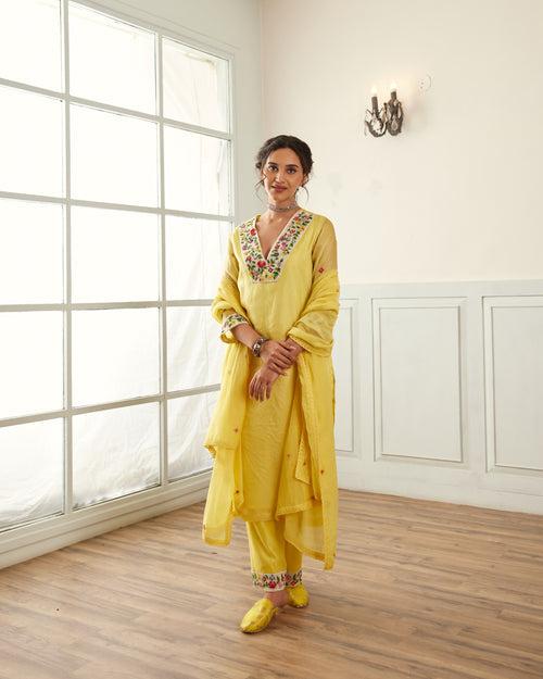 Yellow Organza Kurta Set With Dupatta