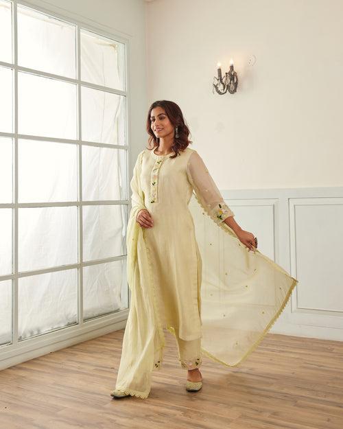 Lime Green Organza Kurta Set With Dupatta