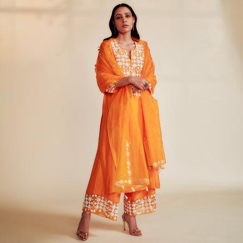 SEHAR Orange Straight Silk Chanderi Kurta Set