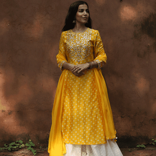 Turanj Yellow Chanderi Bandhani Kurta Set