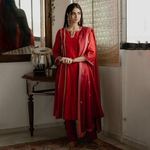 Aarya Red A-Line Chanderi Kurta Set