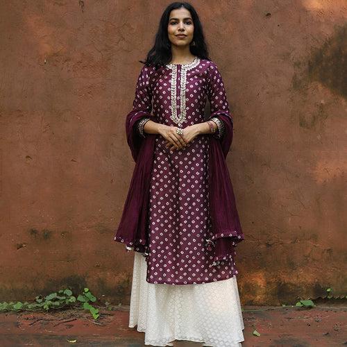 Jaam Purple Chanderi Bandhani Kurta Set