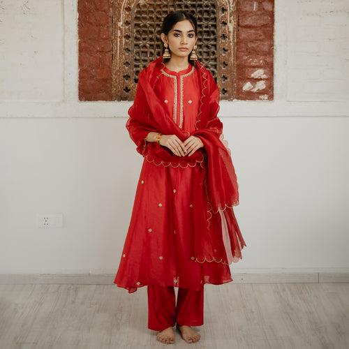 Adya Red A-Line Chanderi Kurta Set