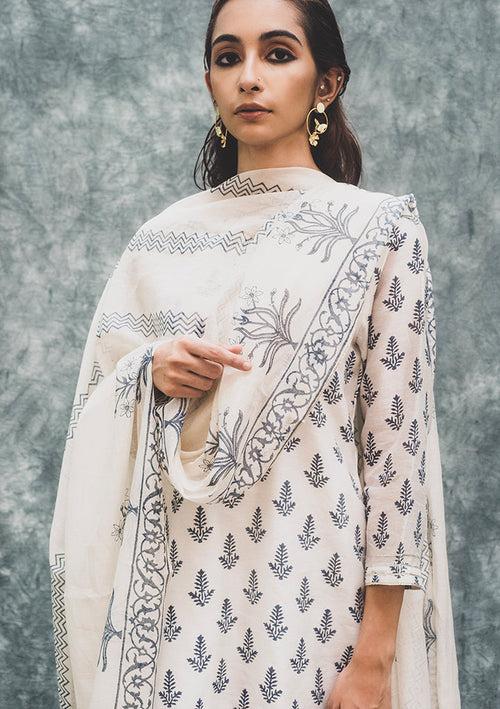 Bansuri Off White Chanderi Hand Block Printed Kurta Set