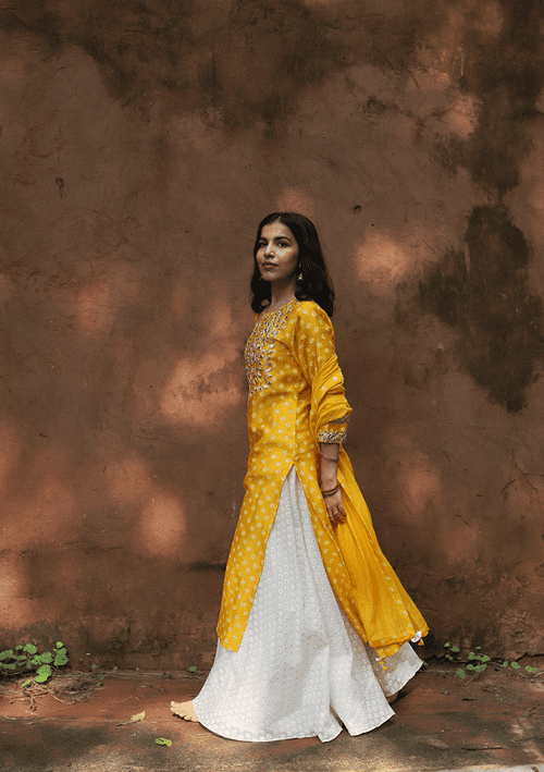 Turanj Yellow Chanderi Bandhani Kurta Set