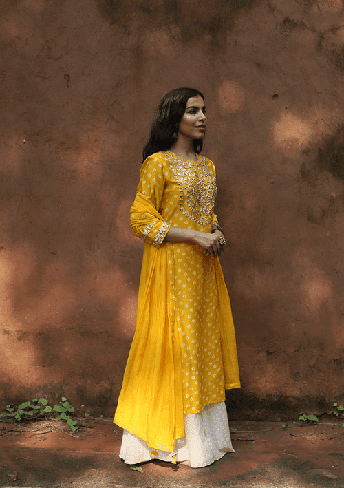 Turanj Yellow Chanderi Bandhani Kurta Set