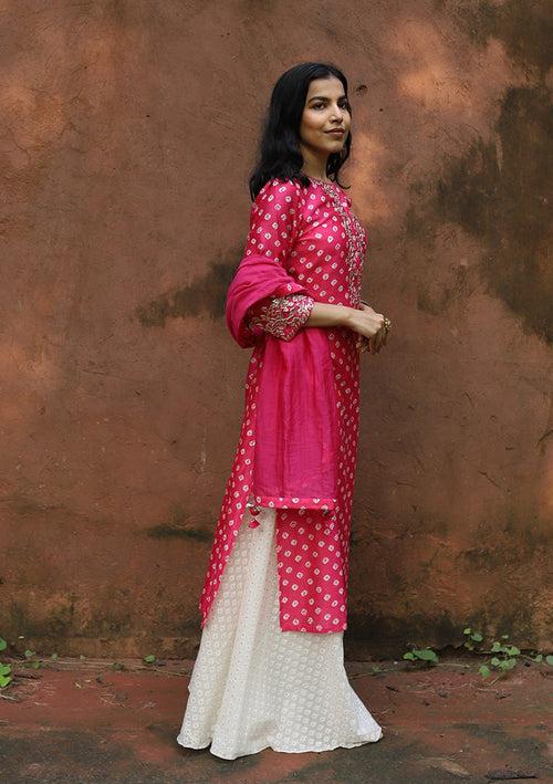 Falsa Pink Chanderi Bandhani Kurta Set