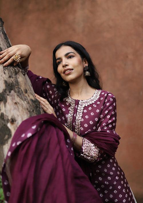 Jaam Purple Chanderi Bandhani Kurta Set