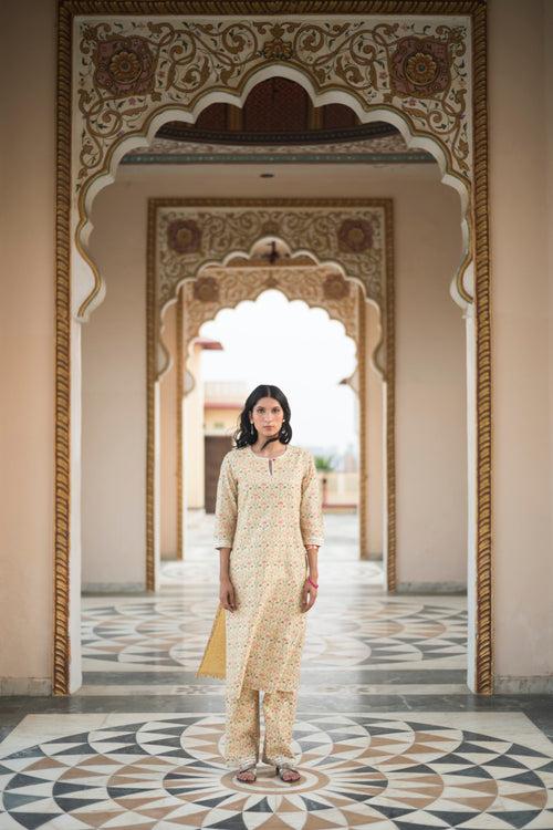 Upasna Yellow Chanderi Printed Straight Kurta Set