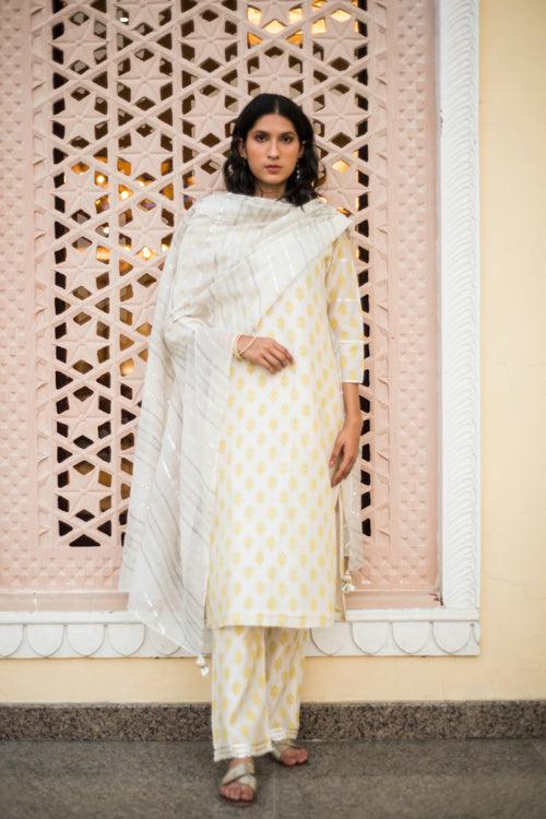 Shradha Off White Chanderi Printed Straight Kurta Set