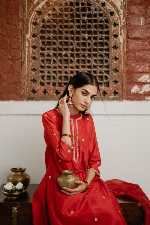 Adya Red A-Line Chanderi Kurta Set