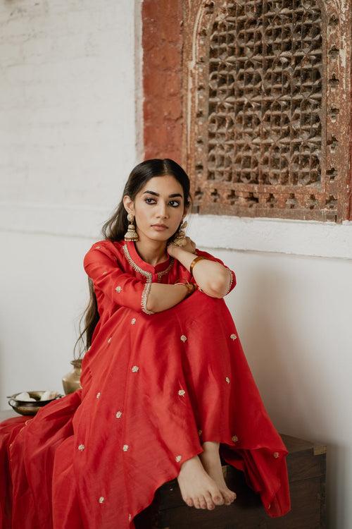 Adya Red A-Line Chanderi Kurta Set