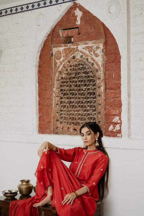 Adya Red A-Line Chanderi Kurta Set