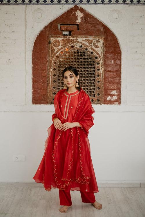 Adya Red A-Line Chanderi Kurta Set