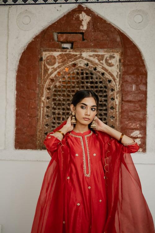 Adya Red A-Line Chanderi Kurta Set