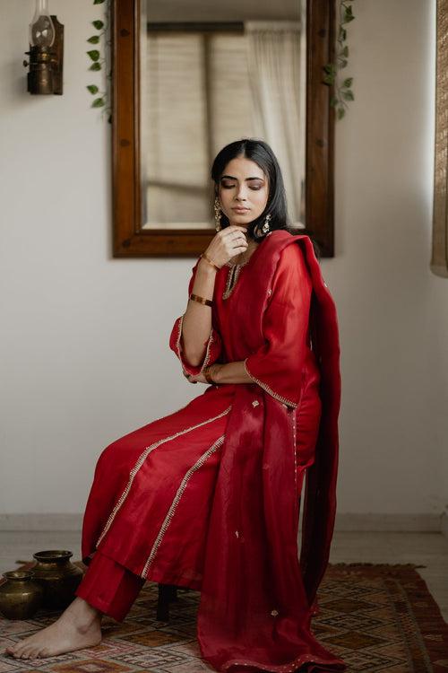 Aarya Red A-Line Chanderi Kurta Set