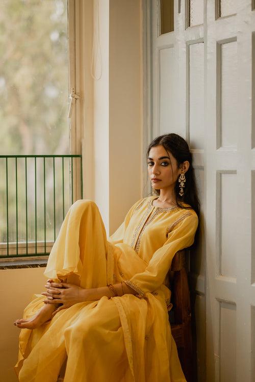 Ameya Yellow Short Chanderi Kurta Set