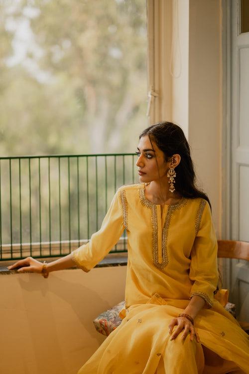 Ameya Yellow Short Chanderi Kurta Set