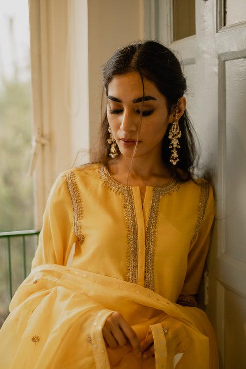 Ameya Yellow Short Chanderi Kurta Set