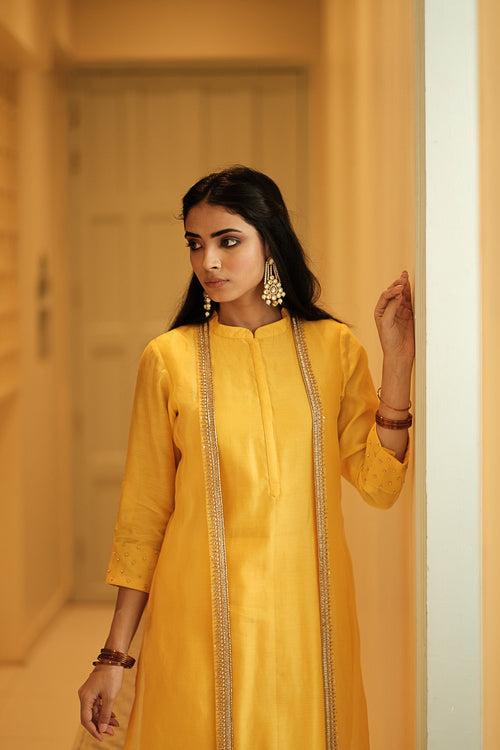 Deeta Yellow Jacket Style Straight Chanderi Kurta With Pants