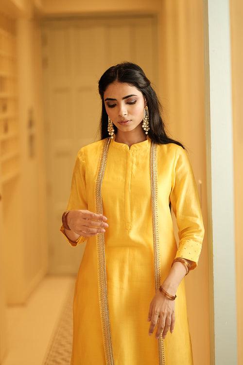 Deeta Yellow Jacket Style Straight Chanderi Kurta With Pants