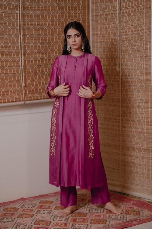 Aeindri Wine Jacket Style Straight Chanderi Kurta With Pants