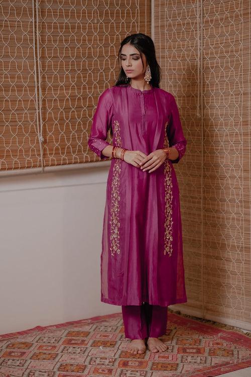 Aeindri Wine Jacket Style Straight Chanderi Kurta With Pants