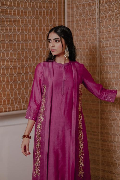 Aeindri Wine Jacket Style Straight Chanderi Kurta With Pants