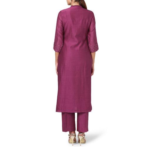 Aeindri Wine Jacket Style Straight Chanderi Kurta With Pants