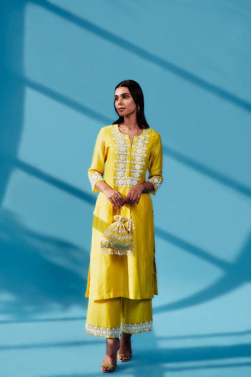 VANI Yellow Straight Silk Chanderi Kurta Set