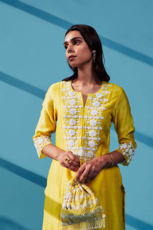 VANI Yellow Straight Silk Chanderi Kurta Set