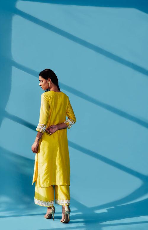 VANI Yellow Straight Silk Chanderi Kurta Set