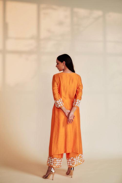 SEHAR Orange Straight Silk Chanderi Kurta Set