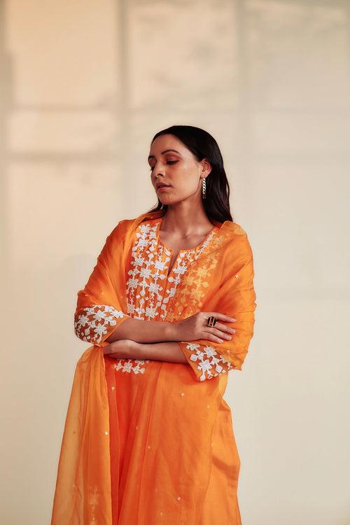 SEHAR Orange Straight Silk Chanderi Kurta Set