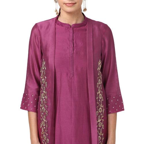 Aeindri Wine Jacket Style Straight Chanderi Kurta With Pants