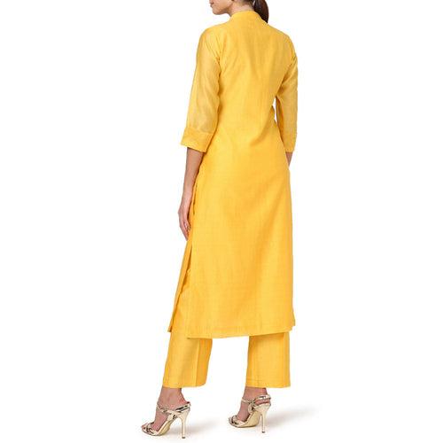 Deeta Yellow Jacket Style Straight Chanderi Kurta With Pants