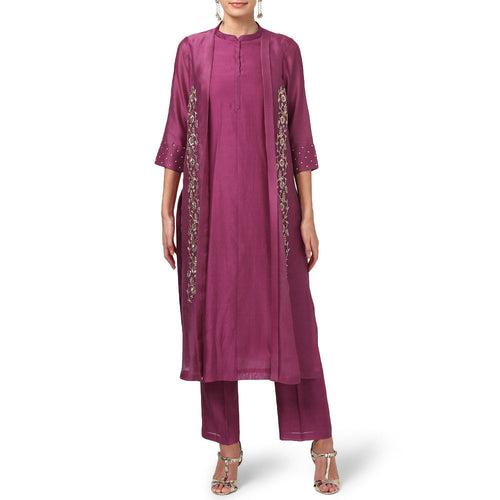 Aeindri Wine Jacket Style Straight Chanderi Kurta With Pants