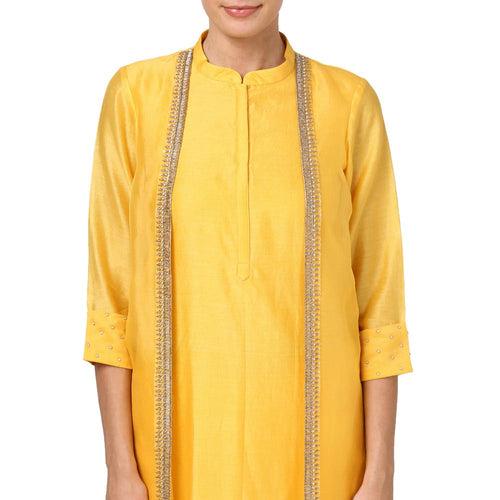 Deeta Yellow Jacket Style Straight Chanderi Kurta With Pants