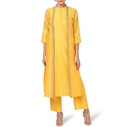 Deeta Yellow Jacket Style Straight Chanderi Kurta With Pants