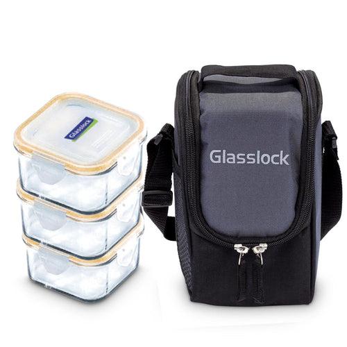 Glasslock Airtight Tempered Lunch Set, Microwave Safe, with Bag