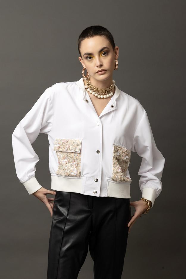 Frostine Embellished White Bomber Jacket