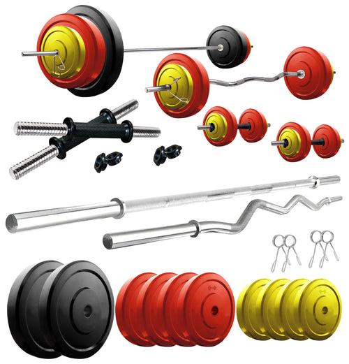 Kore Premium 10-50 kg Coloured Solid Rubber Fitness Kit with One 3 Ft Curl + One 5 Ft Plain and One Pair Dumbbell Rods (CP-COMBO2-WB-WA)