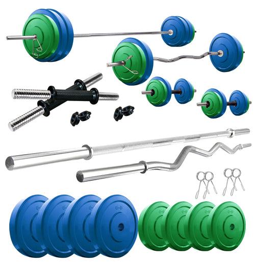 Kore Premium 10-50 kg Coloured Solid Rubber Fitness Kit with One 3 Ft Curl + One 5 Ft Plain and One Pair Dumbbell Rods (CP-COMBO2-WB-WA)