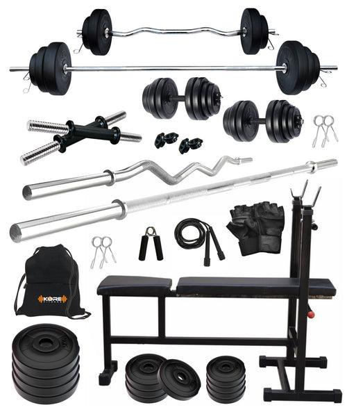 Kore PVC 20-100 kg Home Gym Set with One 3 Ft Curl + 5 Ft Plain Rod and One Pair Dumbbell Rods with 3 In 1 Multipurpose Bench and Gym Accessories (PVC-COMBO5)