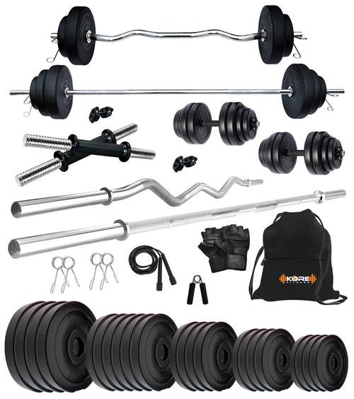 Kore PVC 10-100 kg Home Gym Set with One 3 Ft Curl + 4 Ft Plain Rod and One Pair Dumbbell Rods with Gym Accessories (PVC-COMBO42)