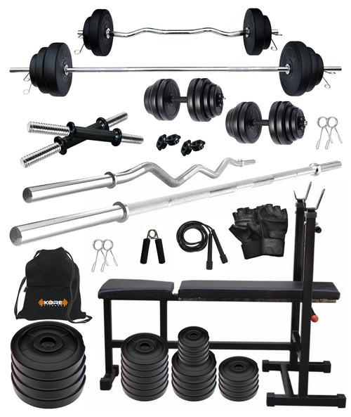 Kore PVC 20-100 kg Home Gym Set with One 3 Ft Curl + 5 Ft Plain Rod and One Pair Dumbbell Rods with 3 In 1 Multipurpose Bench and Gym Accessories (PVC-COMBO5)