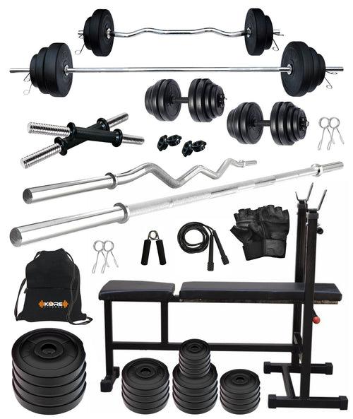 Kore PVC 20-100 kg Home Gym Set with One 3 Ft Curl + 5 Ft Plain Rod and One Pair Dumbbell Rods with 3 In 1 Multipurpose Bench and Gym Accessories (PVC-COMBO5)